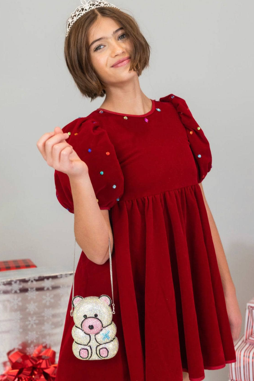 Queen Puff Gems Velour Dress