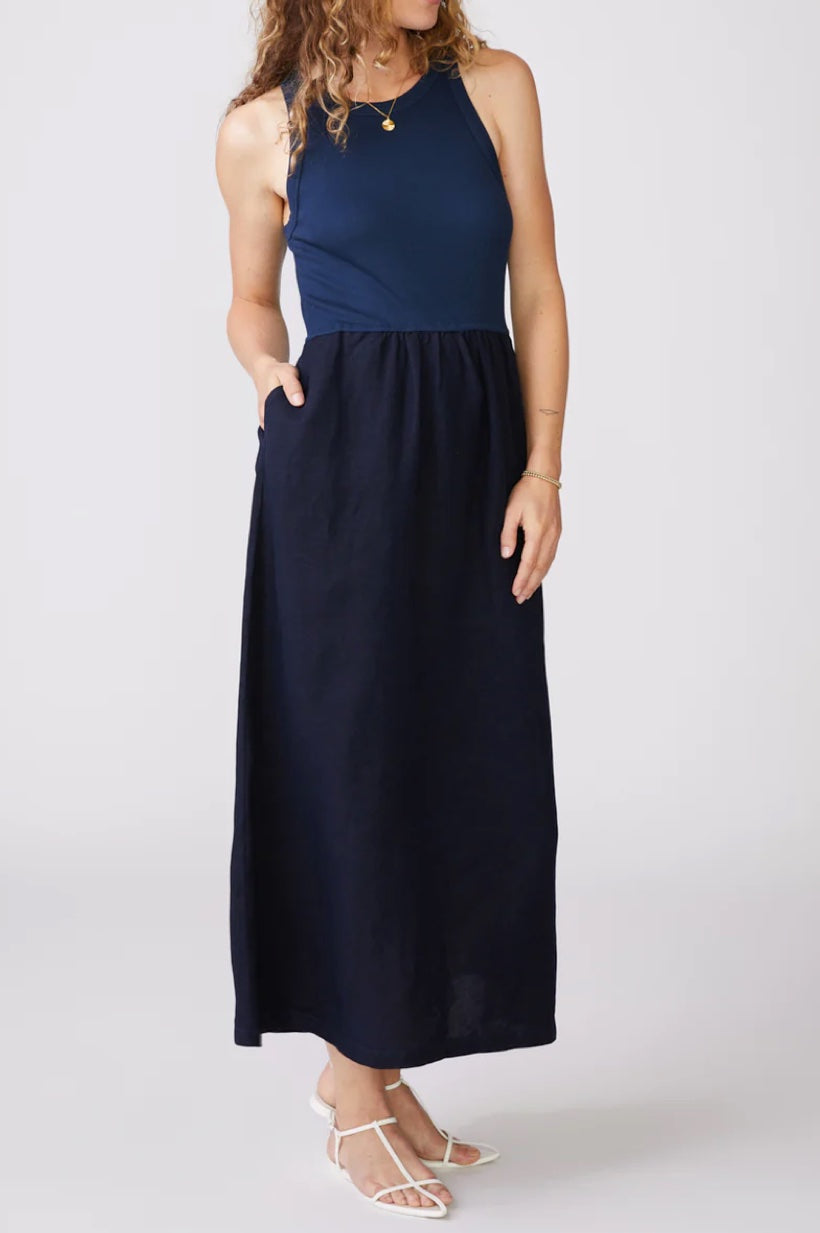 Linen Mixed Media High Neck Dress