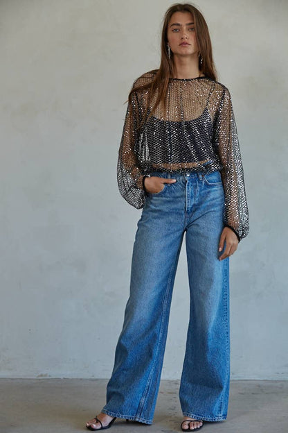 Sequin Mesh Long Sleeve Top