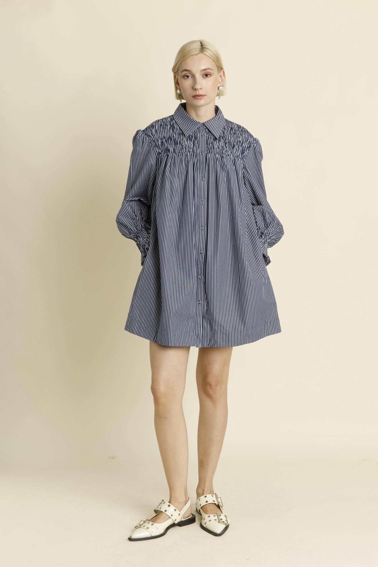 Smocked Stripe Shirt Dress