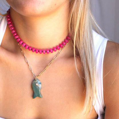 Large Gemstone Fish Pendant Necklace, Handmade, Fall Style