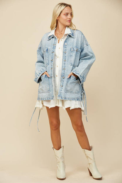 Tie Detail Oversized Denim Jacket