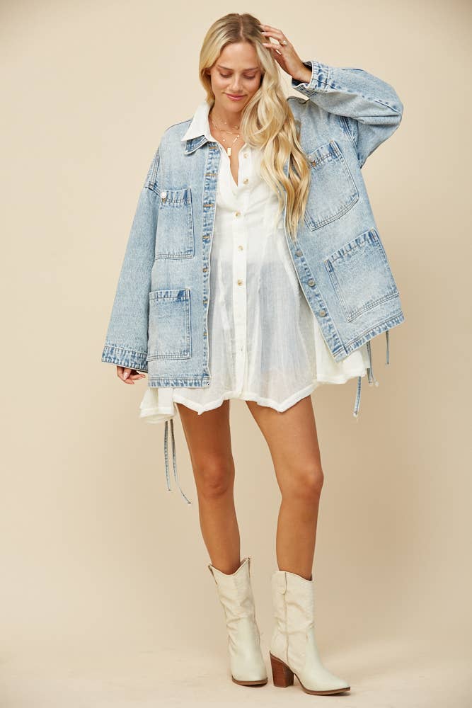 Tie Detail Oversized Denim Jacket