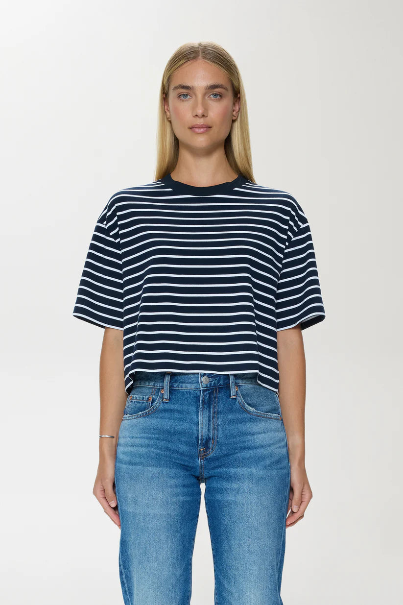 Mae Cropped Tee-Navy Stripe