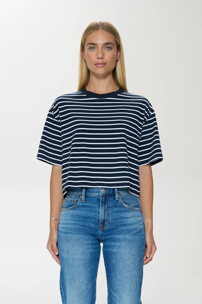 Mae Cropped Tee-Navy Stripe