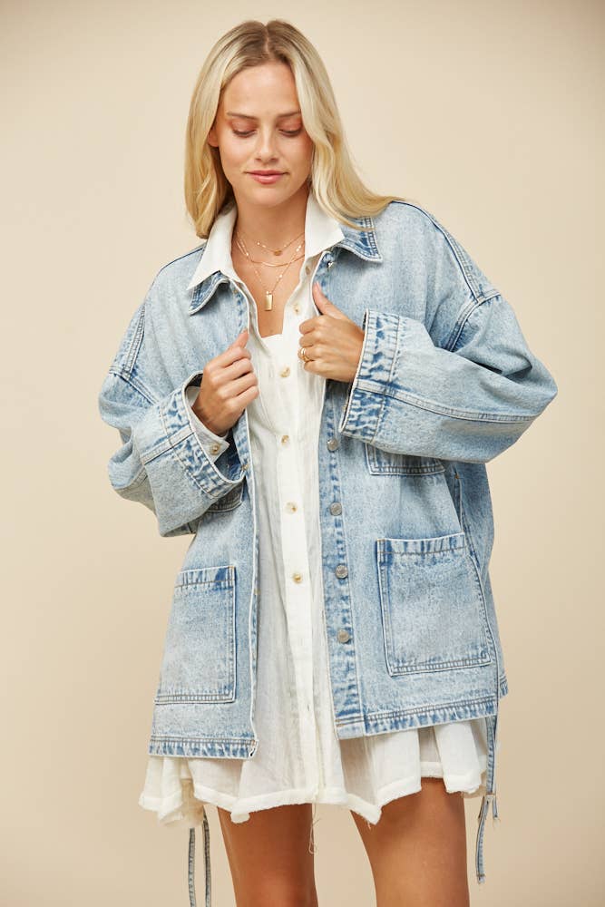 Tie Detail Oversized Denim Jacket