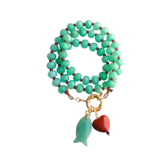Gemstone Necklace, Heart & Fish Charms, Handmade Jewelry