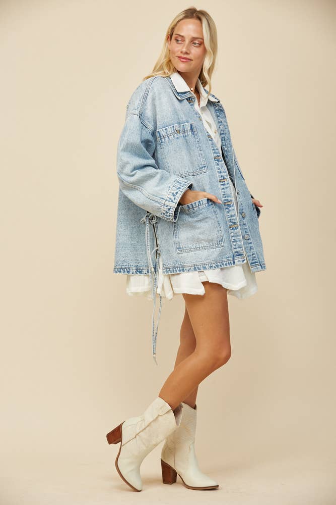 Tie Detail Oversized Denim Jacket