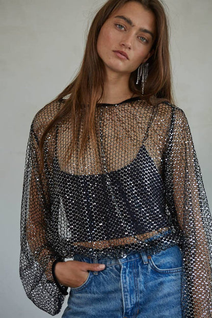 Sequin Mesh Long Sleeve Top