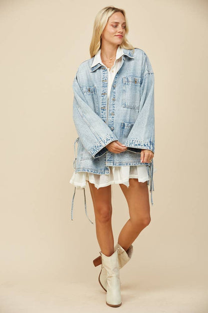 Tie Detail Oversized Denim Jacket