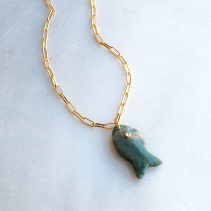 Large Gemstone Fish Pendant Necklace, Handmade, Fall Style