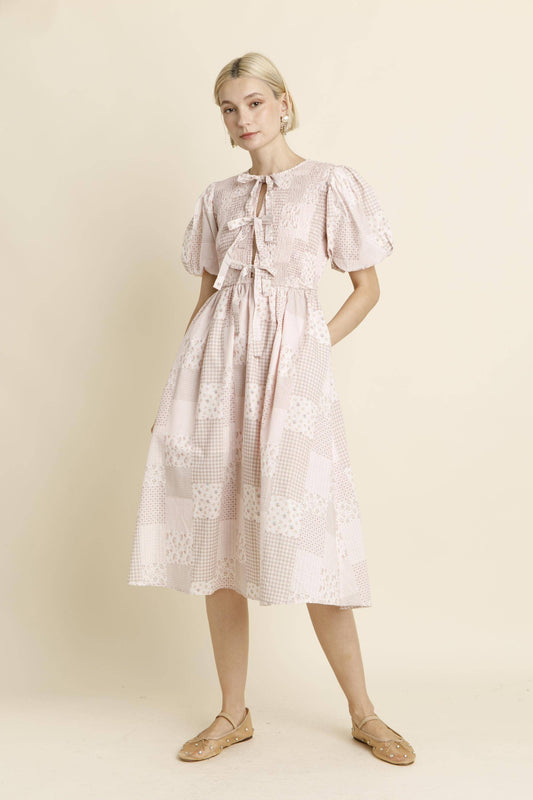 Tie Front Smocked Midi Dress