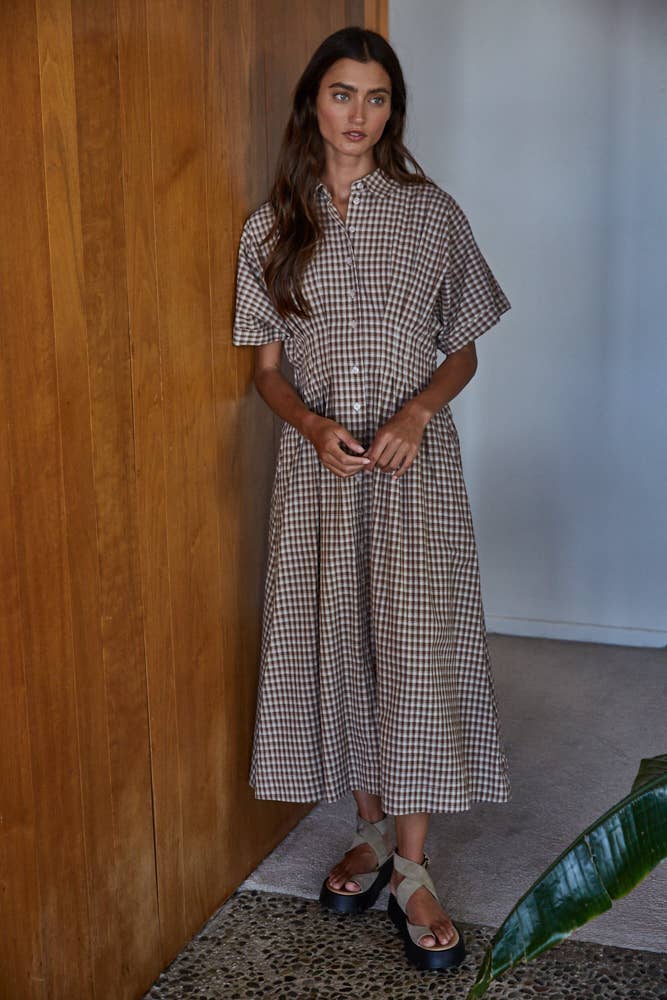 Gingham Button Down Flare Maxi