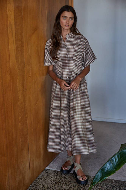 Gingham Button Down Flare Maxi