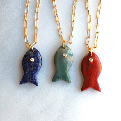 Large Gemstone Fish Pendant Necklace, Handmade, Fall Style