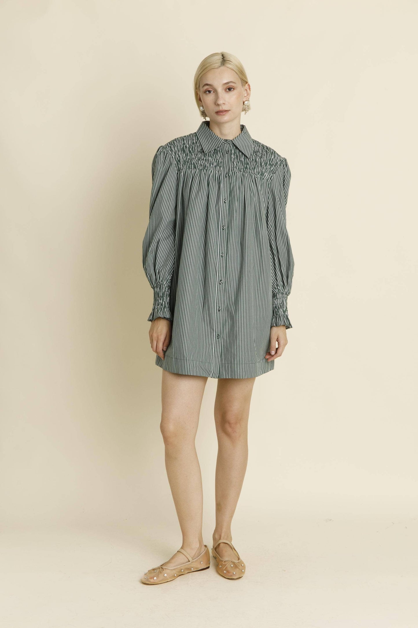 Smocked Stripe Shirt Dress