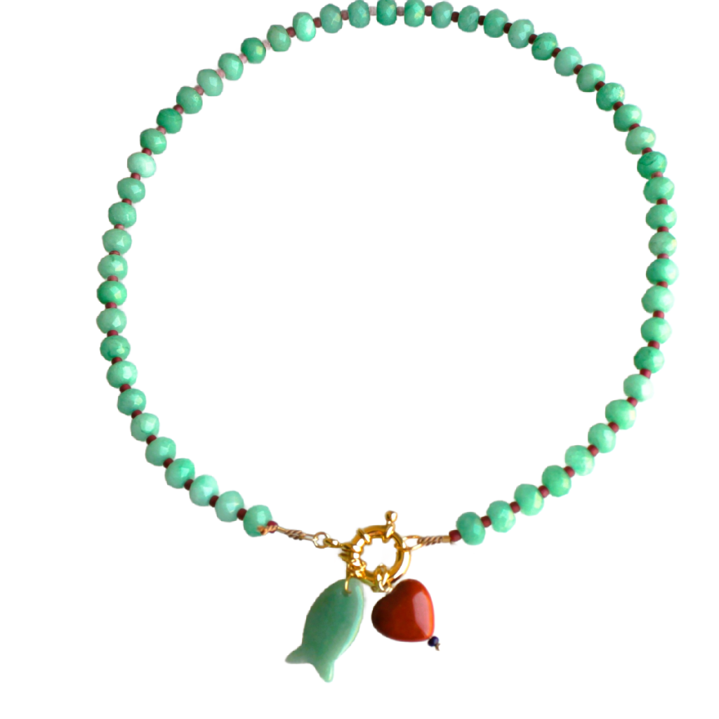 Gemstone Necklace, Heart & Fish Charms, Handmade Jewelry