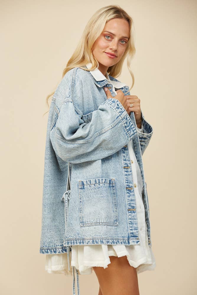 Tie Detail Oversized Denim Jacket