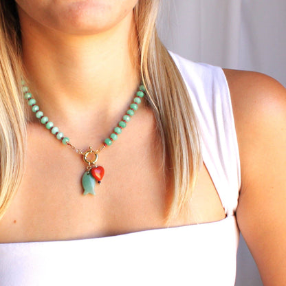 Gemstone Necklace, Heart & Fish Charms, Handmade Jewelry