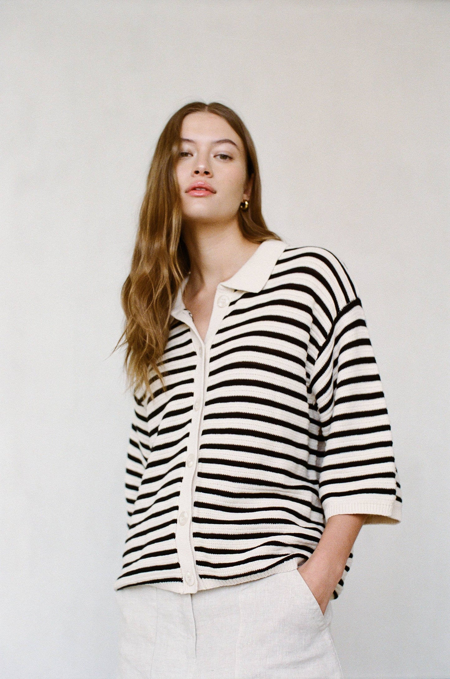 Cotton Striped Collar Button Down Top