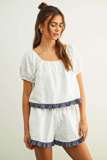 RUFFLED HEM LINEN SHORTS